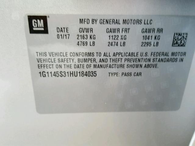 1G1145S31HU184035 - 2017 CHEVROLET IMPALA PRE 银色 照片 10