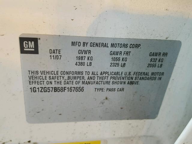 1G1ZG57B58F167656 - 2008 CHEVROLET MALIBU LS Ağ foto 10