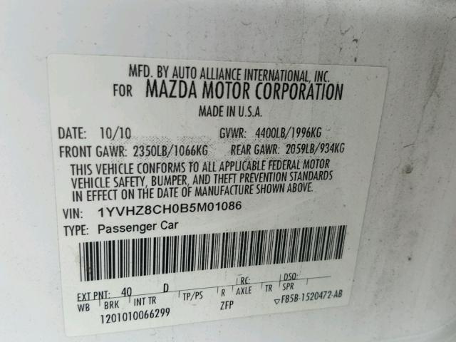 1YVHZ8CH0B5M01086 - 2011 MAZDA 6 I WHITE photo 10