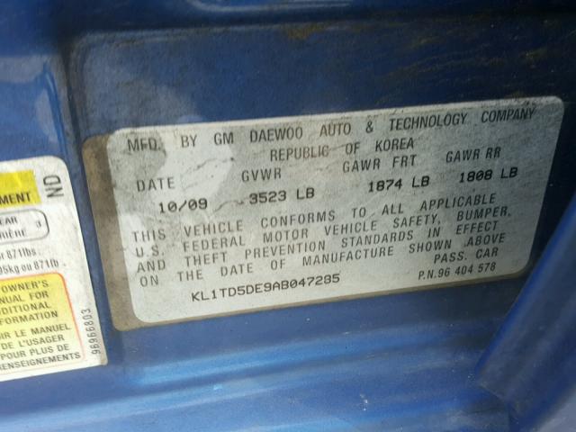 KL1TD5DE9AB047285 - 2010 CHEVROLET AVEO LS BLUE photo 10