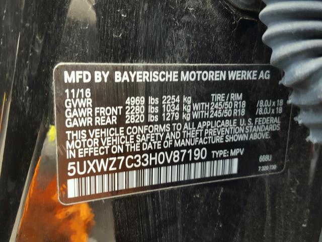 5UXWZ7C33H0V87190 - 2017 BMW X3 SDRIVE2 BLACK photo 10