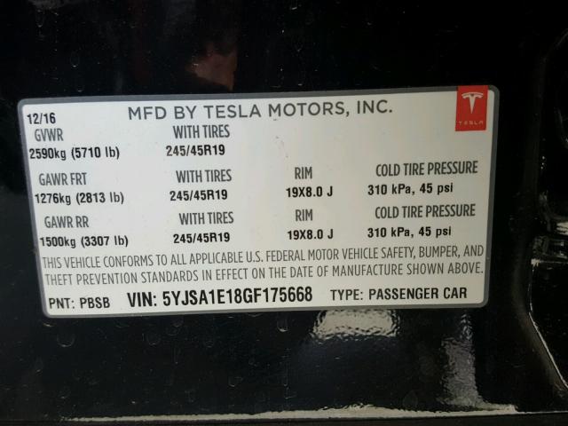 5YJSA1E18GF175668 - 2016 TESLA MODEL S Սև լուսանկար 10