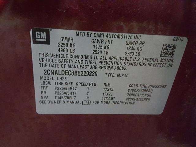 2CNALDEC8B6229229 - 2011 CHEVROLET EQUINOX LT MAROON photo 10