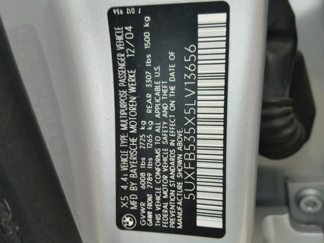 5UXFB535X5LV13656 - 2005 BMW X5 4.4I SILVER photo 10