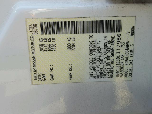 1N4CL21E39C117986 - 2009 NISSAN ALTIMA HYB WHITE photo 10