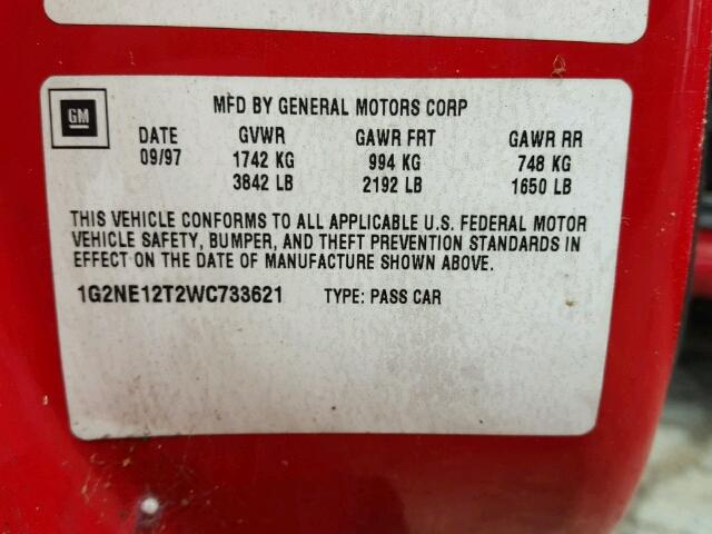 1G2NE12T2WC733621 - 1998 PONTIAC GRAND AM S 红色 照片 10