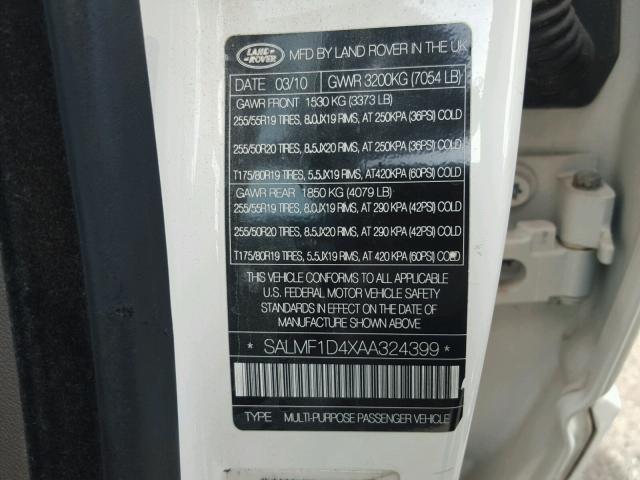 SALMF1D4XAA324399 - 2010 LAND ROVER RANGE ROVE WHITE photo 10