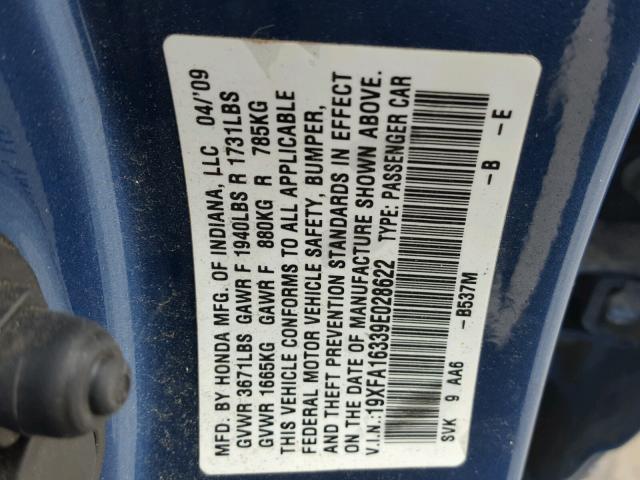 19XFA16339E028622 - 2009 HONDA CIVIC VP BLUE photo 10