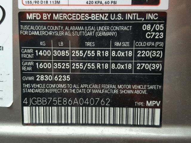 4JGBB75E86A040762 - 2006 MERCEDES-BENZ ML 500 SILVER photo 10