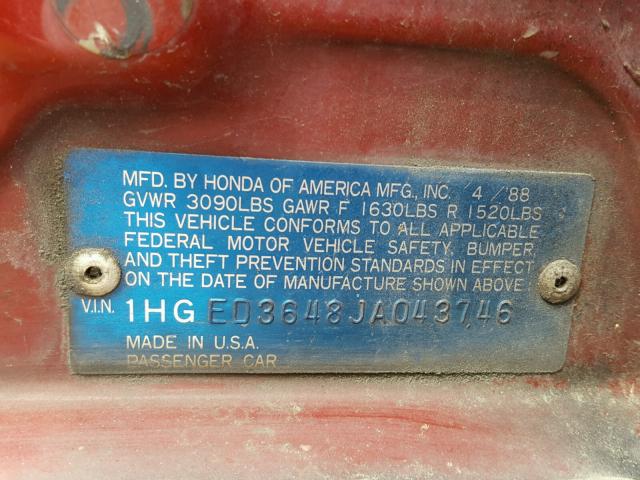 1HGED3648JA043746 - 1988 HONDA CIVIC DX BLACK photo 10