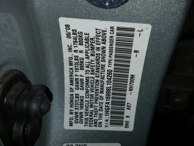 1HGFA16998L104260 - 2008 HONDA CIVIC EXL 银色 照片 10