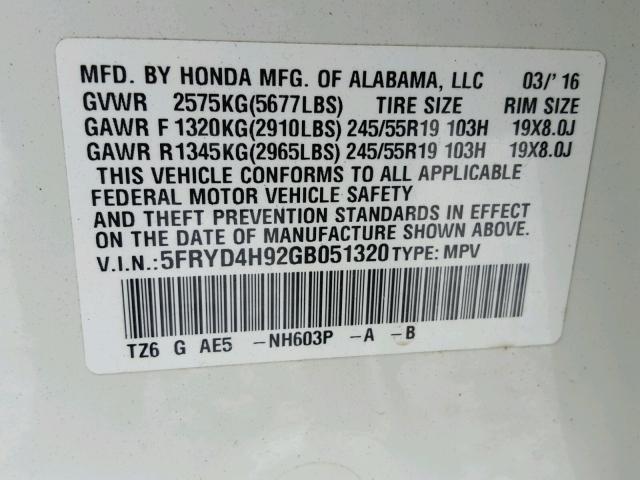 5FRYD4H92GB051320 - 2016 ACURA MDX ADVANC WHITE photo 10