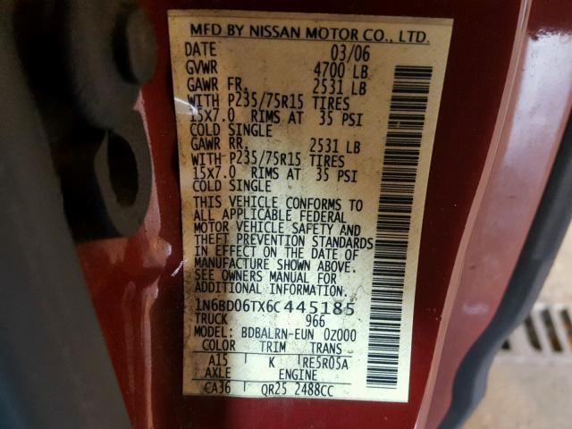 1N6BD06TX6C445185 - 2006 NISSAN FRONTIER K RED photo 10