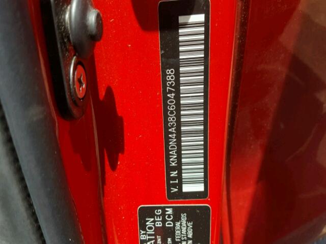 KNADN4A38C6047388 - 2012 KIA RIO EX RED photo 10