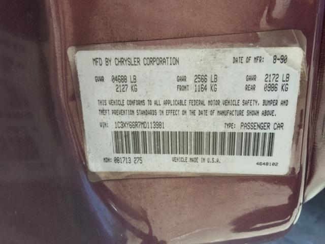 1C3XY66R7MD113981 - 1991 CHRYSLER NEW YORKER MAROON photo 10