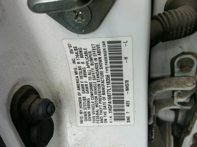 1HGFA16877L118356 - 2007 HONDA CIVIC EX თეთრი ფოტო 10