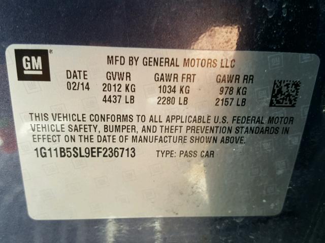 1G11B5SL9EF236713 - 2014 CHEVROLET MALIBU LS 灰色 照片 10