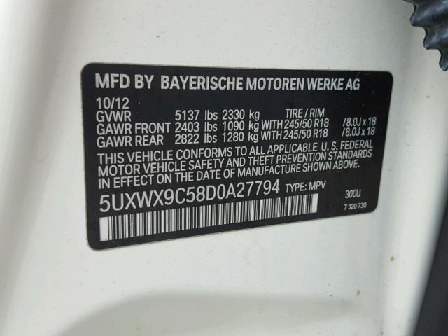 5UXWX9C58D0A27794 - 2013 BMW X3 XDRIVE2 WHITE photo 10