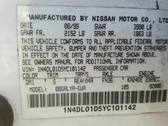 1N4DL01D5YC101142 - 2000 NISSAN ALTIMA XE WHITE photo 10