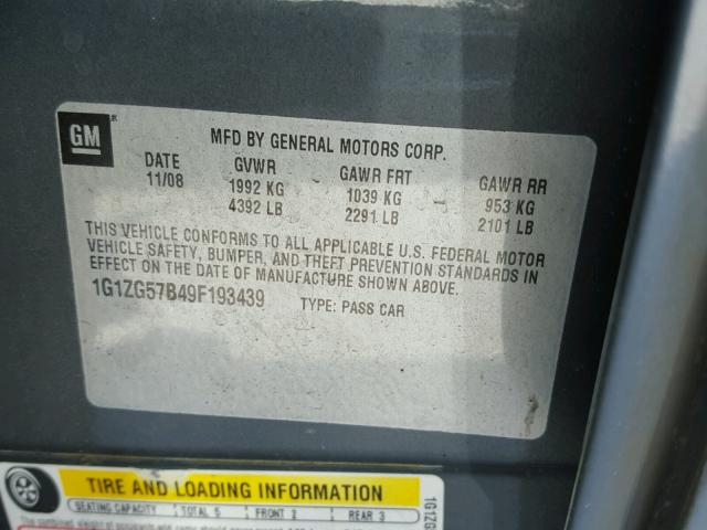 1G1ZG57B49F193439 - 2009 CHEVROLET MALIBU LS ნაცრისფერი ფოტო 10