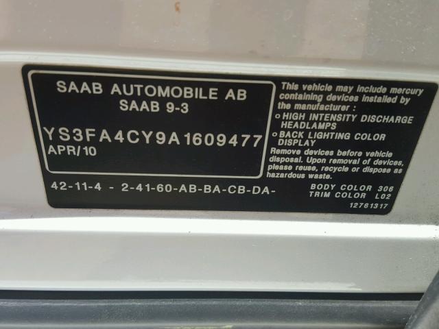 YS3FA4CY9A1609477 - 2010 SAAB 9-3 2.0T WHITE photo 10