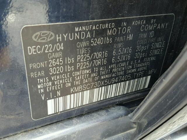 KM8SC73DX5U947405 - 2005 HYUNDAI SANTA FE G BLUE photo 10