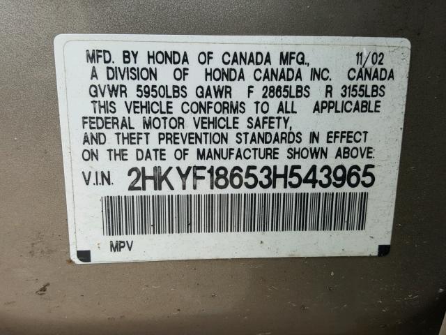 2HKYF18653H543965 - 2003 HONDA PILOT EXL GOLD photo 10