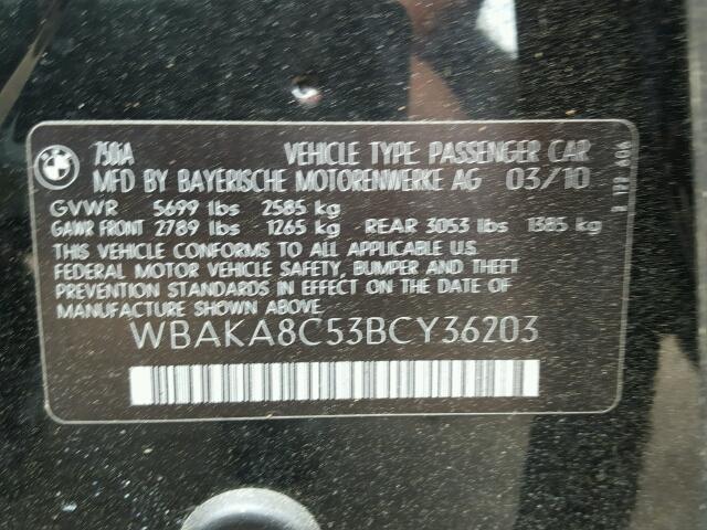 WBAKA8C53BCY36203 - 2011 BMW 750I BLACK photo 10