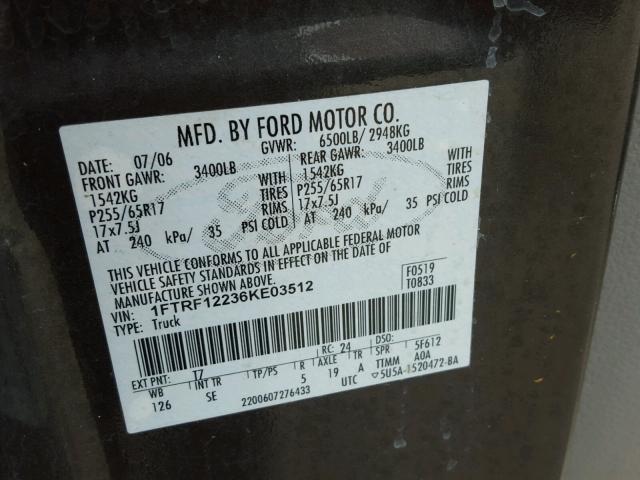 1FTRF12236KE03512 - 2006 FORD F150 BLACK photo 10