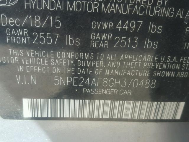 5NPE24AF8GH370488 - 2016 HYUNDAI SONATA SE SILVER photo 10