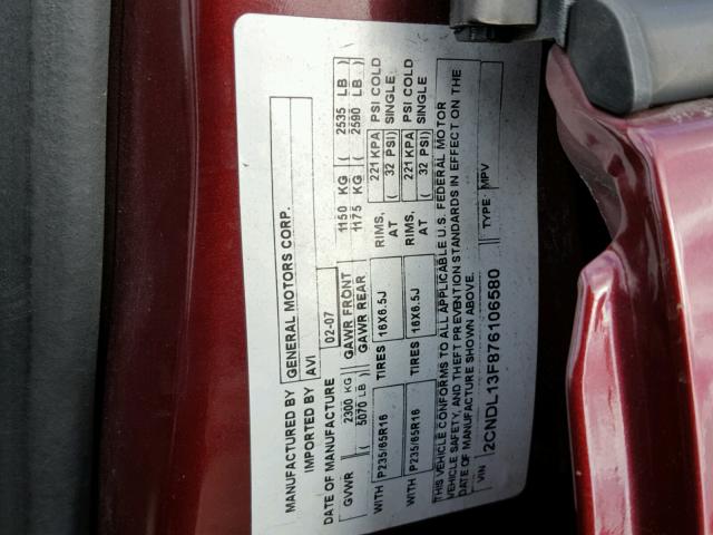 2CNDL13F876106580 - 2007 CHEVROLET EQUINOX LS BURGUNDY photo 10