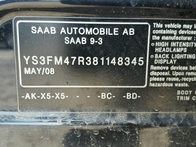 YS3FM47R381148345 - 2008 SAAB 9-3 TURBOX BLACK photo 10