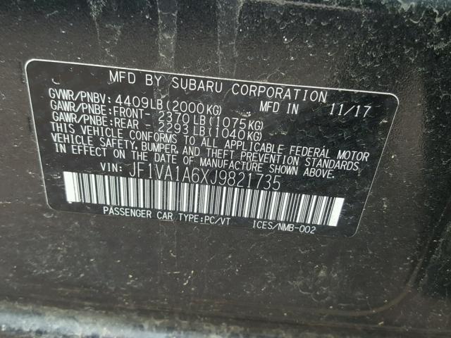 JF1VA1A6XJ9821735 - 2018 SUBARU WRX GRAY photo 10