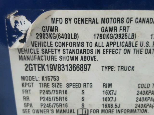 2GTEK19V831366897 - 2003 GMC NEW SIERRA BLUE photo 10