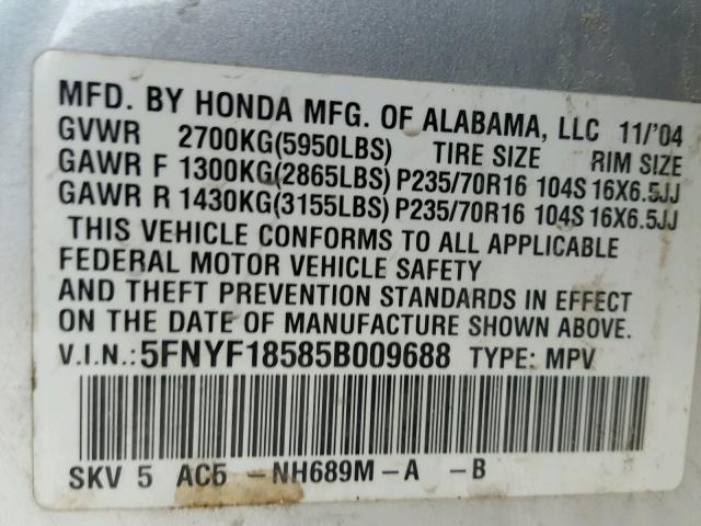 5FNYF18585B009688 - 2005 HONDA PILOT EXL SILVER photo 10