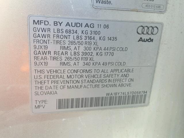 WA1BY74L57D058794 - 2007 AUDI Q7 3.6 QUA SILVER photo 10