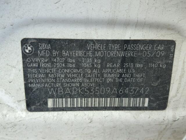 WBAPK53509A643742 - 2009 BMW 328 XI SUL WHITE photo 10