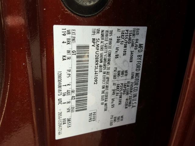 5LMFU28R93LJ41092 - 2003 LINCOLN NAVIGATOR 栗色 照片 10