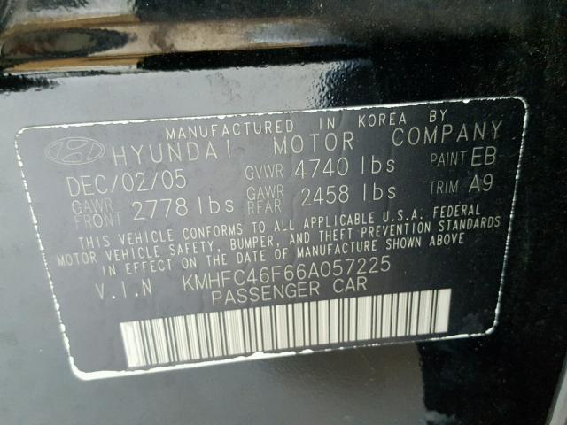 KMHFC46F66A057225 - 2006 HYUNDAI AZERA SE BLACK photo 10