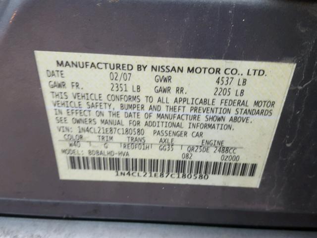 1N4CL21E87C180580 - 2007 NISSAN ALTIMA HYB GRAY photo 10