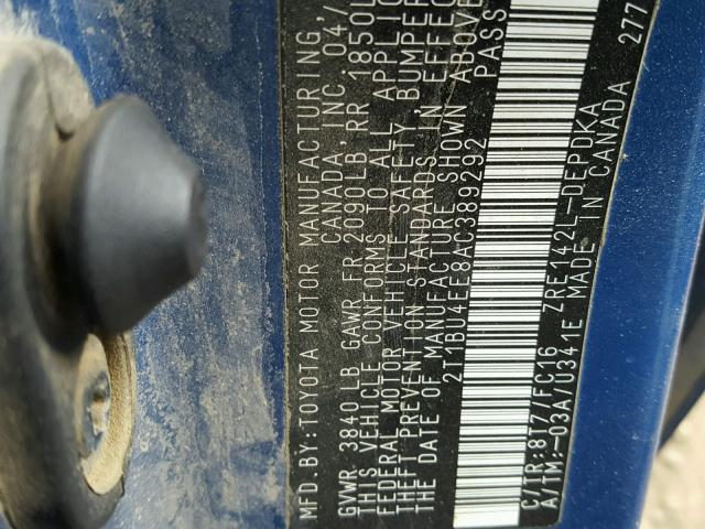 2T1BU4EE8AC389292 - 2010 TOYOTA COROLLA BA BLUE photo 10