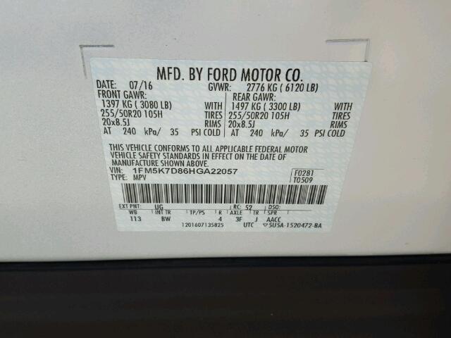 1FM5K7D86HGA22057 - 2017 FORD EXPLORER X WHITE photo 10