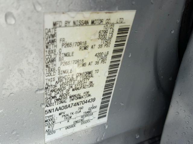 5N1AA08A74N704439 - 2004 NISSAN ARMADA SE SILVER photo 10