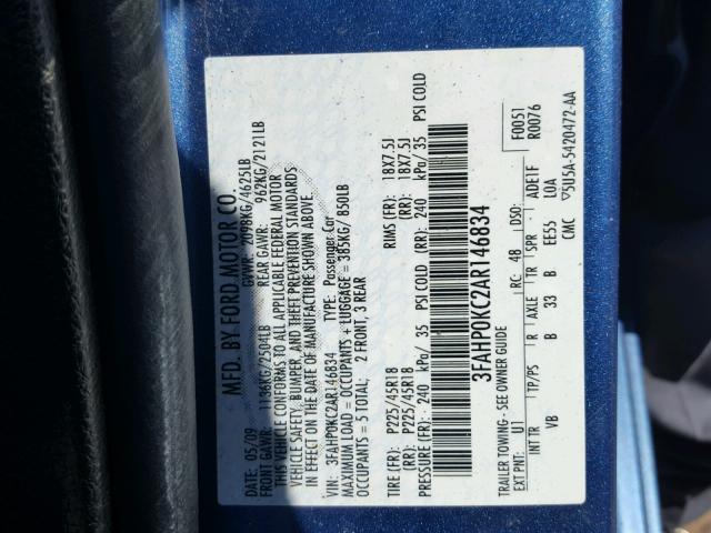 3FAHP0KC2AR146834 - 2010 FORD FUSION SPO BLUE photo 10