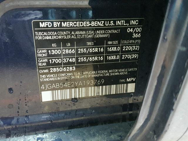 4JGAB54E2YA193769 - 2000 MERCEDES-BENZ ML 320 BLUE photo 10