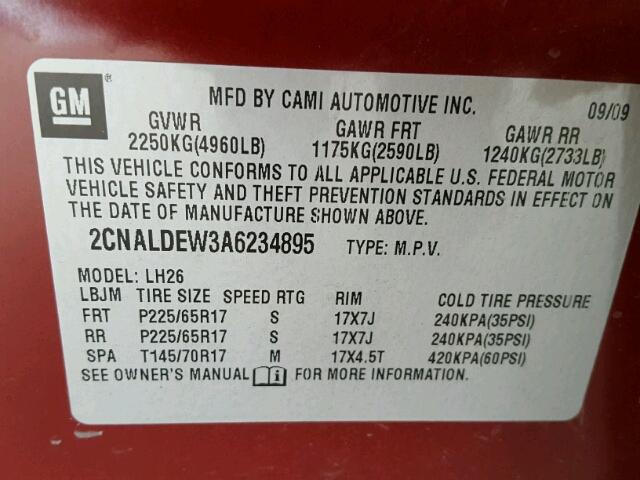 2CNALDEW3A6234895 - 2010 CHEVROLET EQUINOX LT RED photo 10