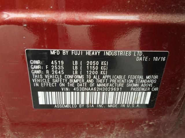 4S3BNAA62H3029691 - 2017 SUBARU LEGACY 2.5 RED photo 10