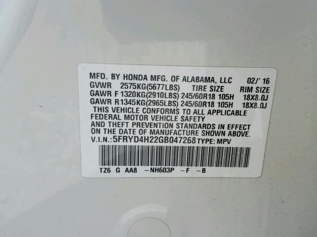 5FRYD4H22GB047268 - 2016 ACURA MDX WHITE photo 10