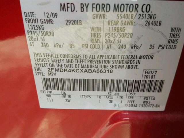 2FMDK4KCXABA66318 - 2010 FORD EDGE LIMIT RED photo 10