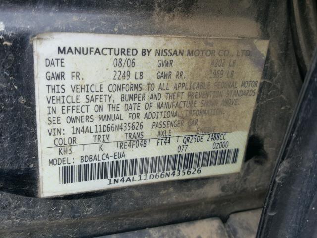 1N4AL11D66N435626 - 2006 NISSAN ALTIMA S BLACK photo 10